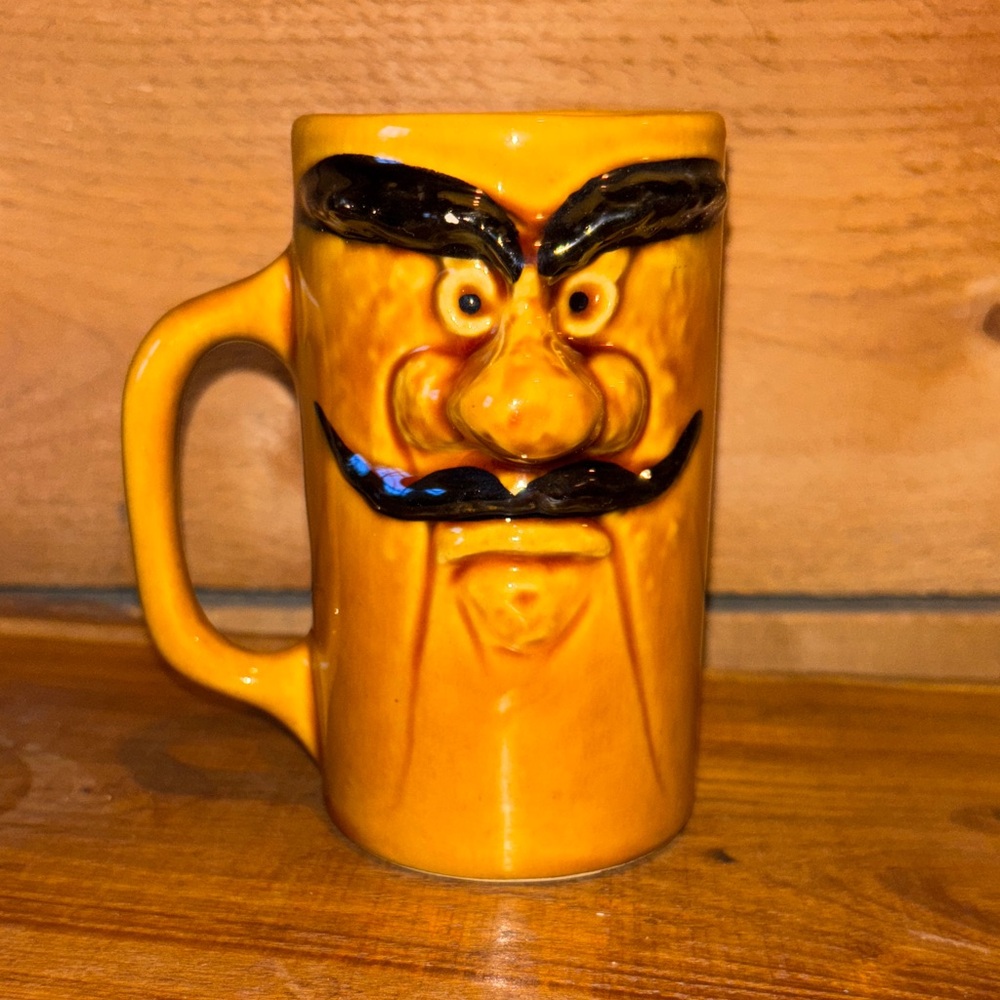 Retro 1970s Ochre Ceramic Mustache Man Face Mug- Japan